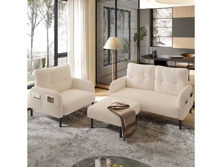 Ensemble Canape Fauteuil Pouf Beige Salon Modulaire FloraGrace Pour Salon Poches Laterales 120x75x79cm/67x75x79cm/56x51x39cm