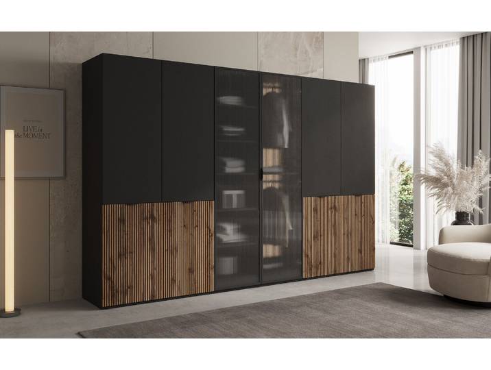 Moduro Serin – Dreimoduliger Design-Kleiderschrank mit Holz- und Strukturglasfront - Schwarz - Luxusbetten24
