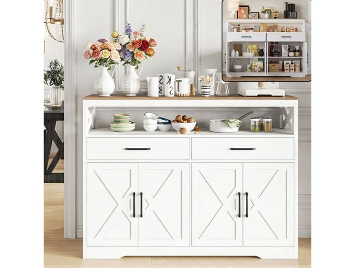 Buffet Cuisine - Buffet Salle à Manger avec Rangement & 2 Tiroirs - Buffet Salon avec Plateau Espace & Étagères Réglables - Blanc