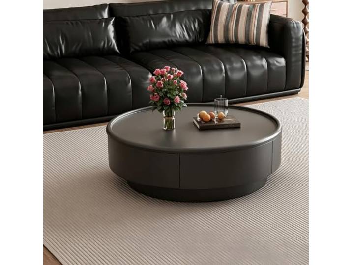 Runder moderner Couchtisch, minimalischer Holz-Mitteltisch für Wohnzimmer Massivholzrahmen, Sintersteinplatte, versteckter Stauraum, abgerundete Ecken für Wohnzimmer & Luxuswohnungen(D(PVC),31.5in)