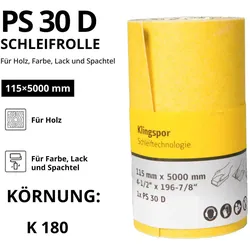 Klingspor PS 30 D Rollen, 115 x 5000 mm - für Holz, Lack und Farbe - K 180