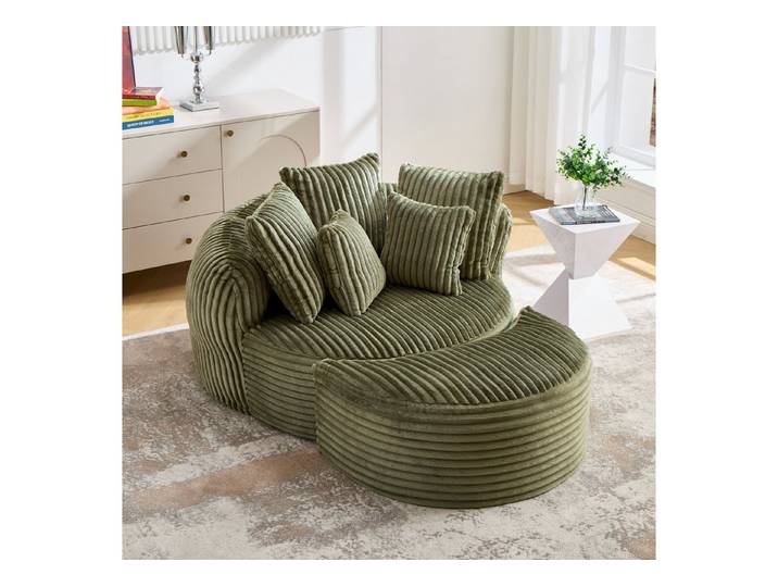 Celya Sofa Großes, runder Sitzbrett, Innenraum-Lesebank, Sofabett mit Fußstuhl, mit fünf Kissen, großformatiger, weicher Stoff- und Kordelstoff-Sitzlehne