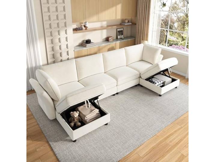 Aunvla Modulares U-/L‑förmiges Ecksofa, frei kombinierbares 6‑Sitzer Sofa mit Stauraum-Hocker, Cloud-Design, Chenille-Stoff, geeignet für Wohnzimmer, Wohnung und Schlafzimmer, Beige
