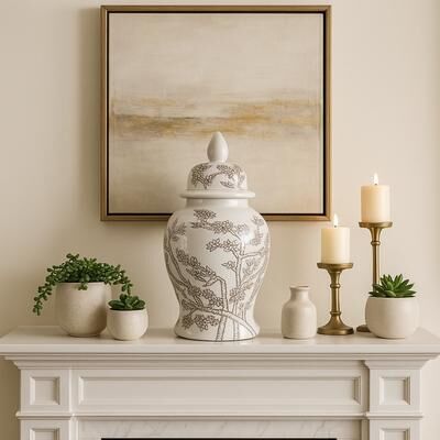 Sagebrook Home Decorative Ceramic Cherry Blossom Temple Jar with Lid - White & Brown