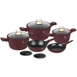 BerlingerHaus Kochset inkl. Untersetzer, 10-teilig, bordeaux, Pfannenset + Topfset, Rot, Gold