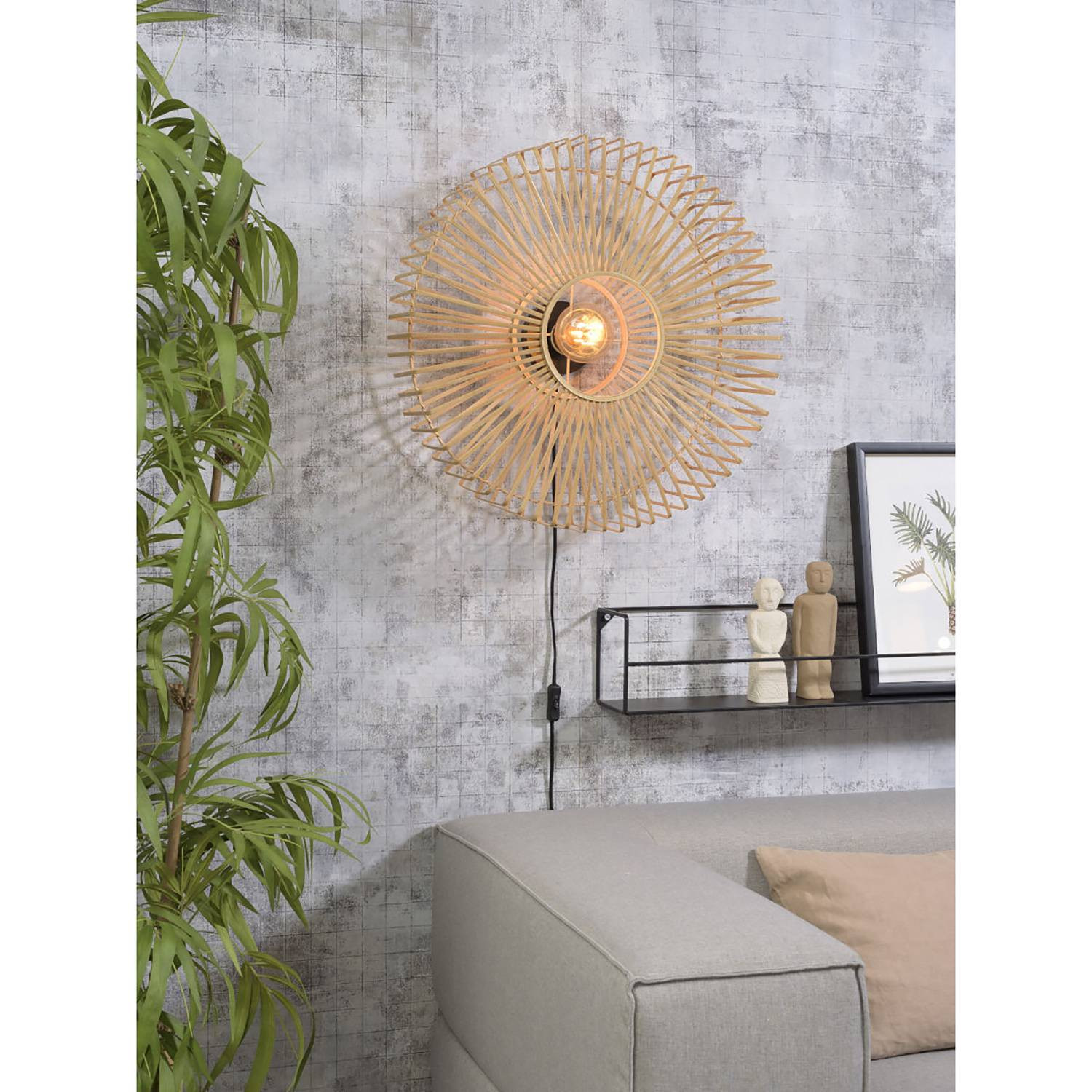 home24 Wandlamp Bromo II beige, Ø 60 cm, massief hout en metaal, E27