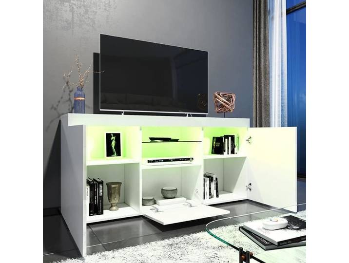 Meuble TV LED - DRIPEX - Surface brillante - Blanc - Moderne - Avec rangement