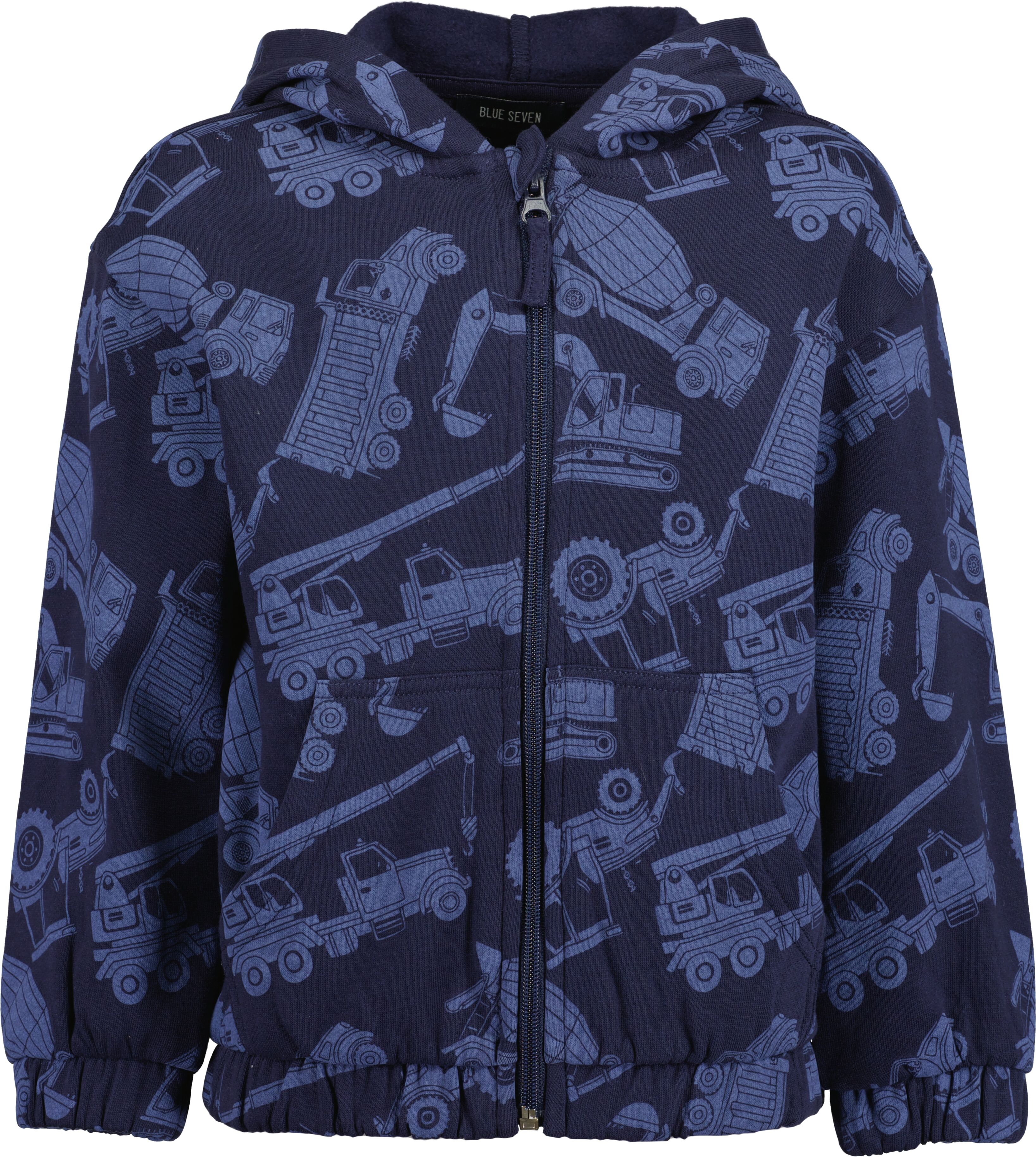 Kapuzensweatjacke BLUE SEVEN, Jungen, Gr. 116, blau (nachtblau), angeraute Sweatware, Obermaterial: 100% Baumwolle, bedruckt, Basic normal, Rundhals, Rippbündchen, Sweatjacken Kapuzensweatjacke, Baumwolle, toller Alloverdruck nachtblau 116
