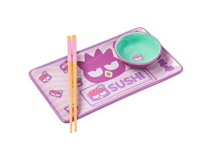 Silver Buffalo Sanrio Hello Kitty and Friends Badtz-Maru Japanischer Roe lila Keramik Sushi-Set mit Dip-Soßenschale und passenden Essstäbchen