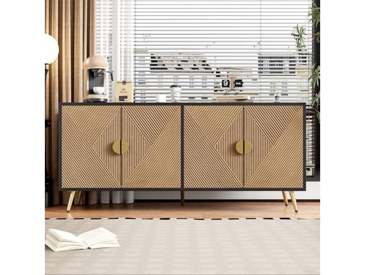 Elaimoros 160 cm Sideboard, Vier Türen, Goldene Gebürstete Griffe und Hochglanz Tischbeine
