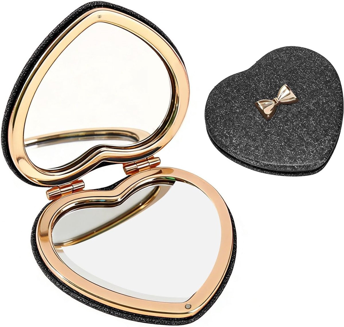 Compacte hartvormige zakspiegel met glitter en 2-zijdige vergroting, zwart, 7,5 cm