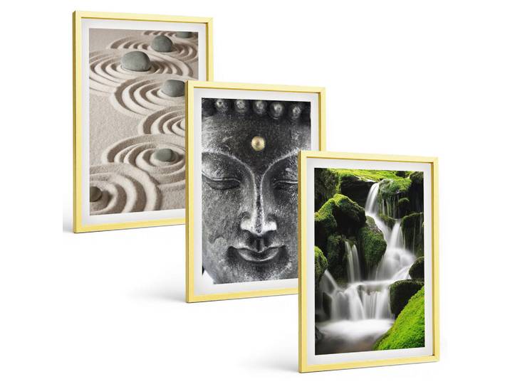 Tulup Bilder SET 3er Set - 40x60 cm Goldrahmen - Der Frieden der Steine des Buda Zen-Wasserfalls, Goldfarben, Kunststoff, Rechteckig, 40x60 cm, einfache und schnelle Anbringung, Bilder & Rahmen, Bilder