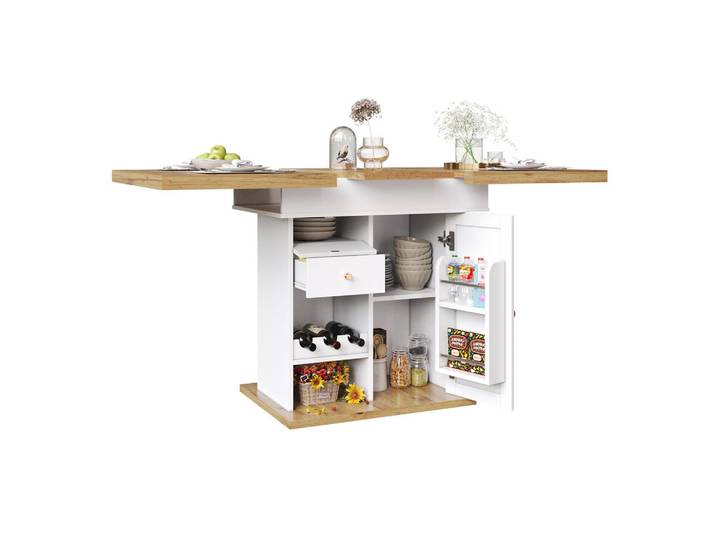 Flieks Esstisch Ausziehbar 110-140cm Klappbar Snack Weinregal Weiß, 110x75x80 cm, Esszimmer, Esstische