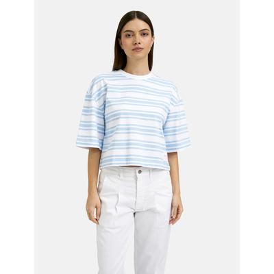 Rundhalsshirt SMITH & SOUL, Damen, Gr. XXL, sky, Single Jersey, Material: 100% Baumwolle, gestreift, gerade kurz, Rundhals, angeschnitten gerader Abschluss, Shirts Rundhalsshirt, aus Baumwolle