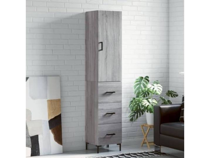 Highboard Grau Sonoma Holzwerkstoff 34,5x34x180 cm Schrank mit Metallfüßen Stauraum hinter Tür, Metallfüße für Stabilität, Feuchtigkeitsbeständiges Material, Wohnzimmer Ordnung