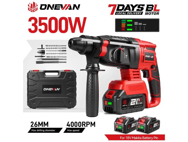 Marteau perforateur rotatif électrique sans fil ONEVAN 3500W, 4000 tr/min, perceuse à percussion portable, outil électrique pour visser, compatible avec batterie Makita 18V.