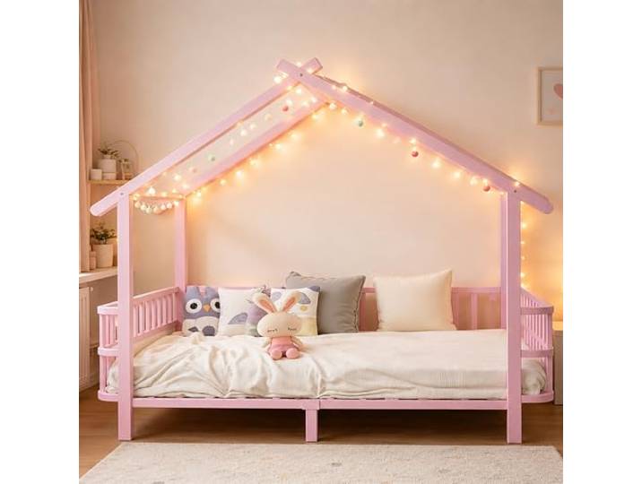 Bellemave Kinderbett 90x200cm,Hausbett mit Sicherheitsgitter,Metal Rosa Haus‑Dachdesign, stabiler Metallrahmen, halbgeschlossenes Sicherheitsgitter, individuell dekorierbar, belastbar bis 120 kg