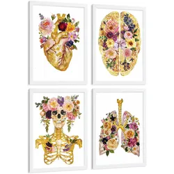 POSTER Set aus 4 Anatomie Mensch Drucke und mit Herz Gehirn Schädel Lungen Luftröhre Bronchien Goldener Floraler Stil Größe Weißer Rahmen A3