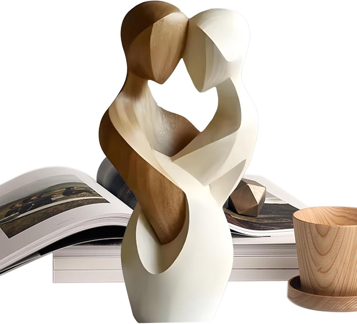 Houten Koppel Beeld Abstract Artistiek Design voor Huwelijksdecoratie, Houtkleur, Hoogte: 21 cm