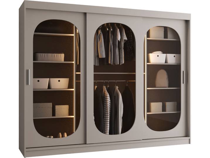 MIRJAN24 Kleiderschrank Bahrajn 250, Schwebetürenschrank, Garderobe (Farbe: Cashmere, Größe: 250 cm, mit Weisser LED Beleuchtung)
