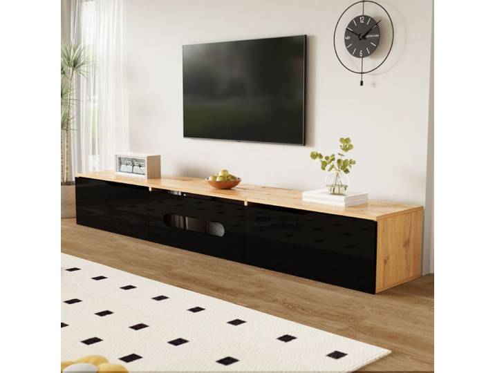 VUENOR Meuble TV 180 x 35 x 30 cm noir brillant et décor bois avec LED 16 couleurs