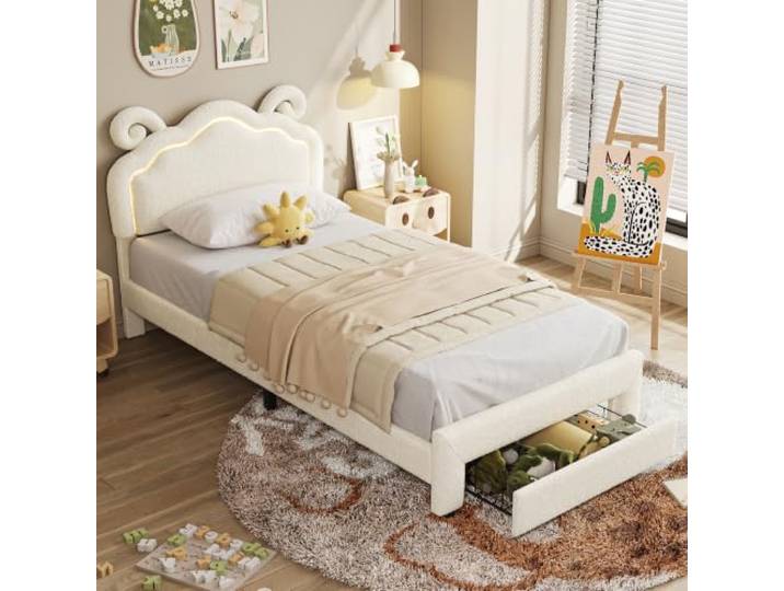 Polsterbett Kinderbett 90x200 mit LED-Streifen & Schubladen,Teddystoff Beige Einzelbett 90x200 mit Höhenverstellbares-Kopfteil in Hornform,Prinzessinbett Bettgestell mit Lattenrost,ohne Matratze