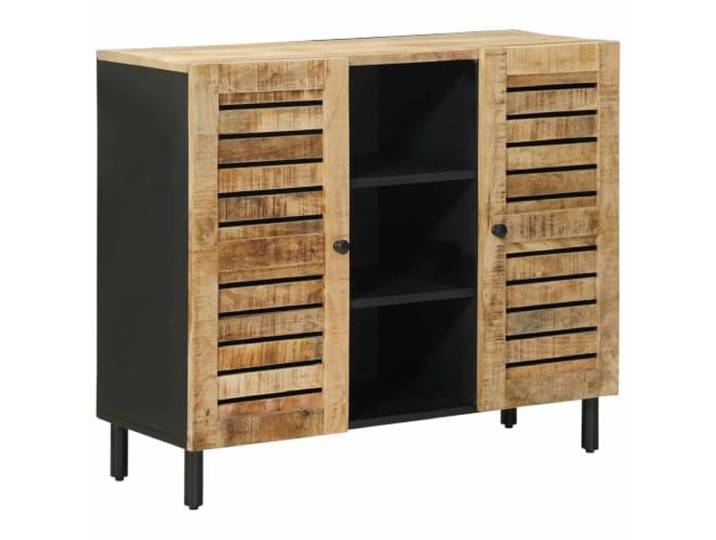 GHVBNMF Sideboard Mango Massivholz Kommode 2 Türen Natur 90x33x75 cm Elegantes Flur- und Esszimmermöbel mit Messingknöpfen und Spanplatte für geordnete Bücher oder Medienzubehör.