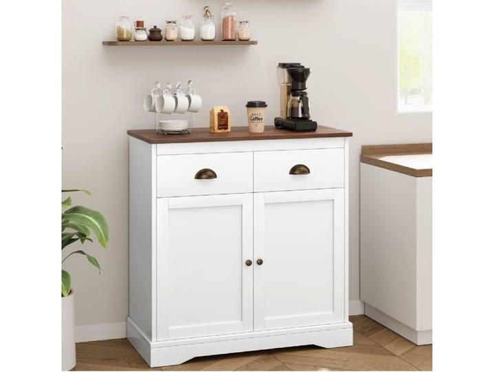 Armoire bar café blanche style fermier 2 tiroirs double porte étagère réglable buffet rangement cuisine