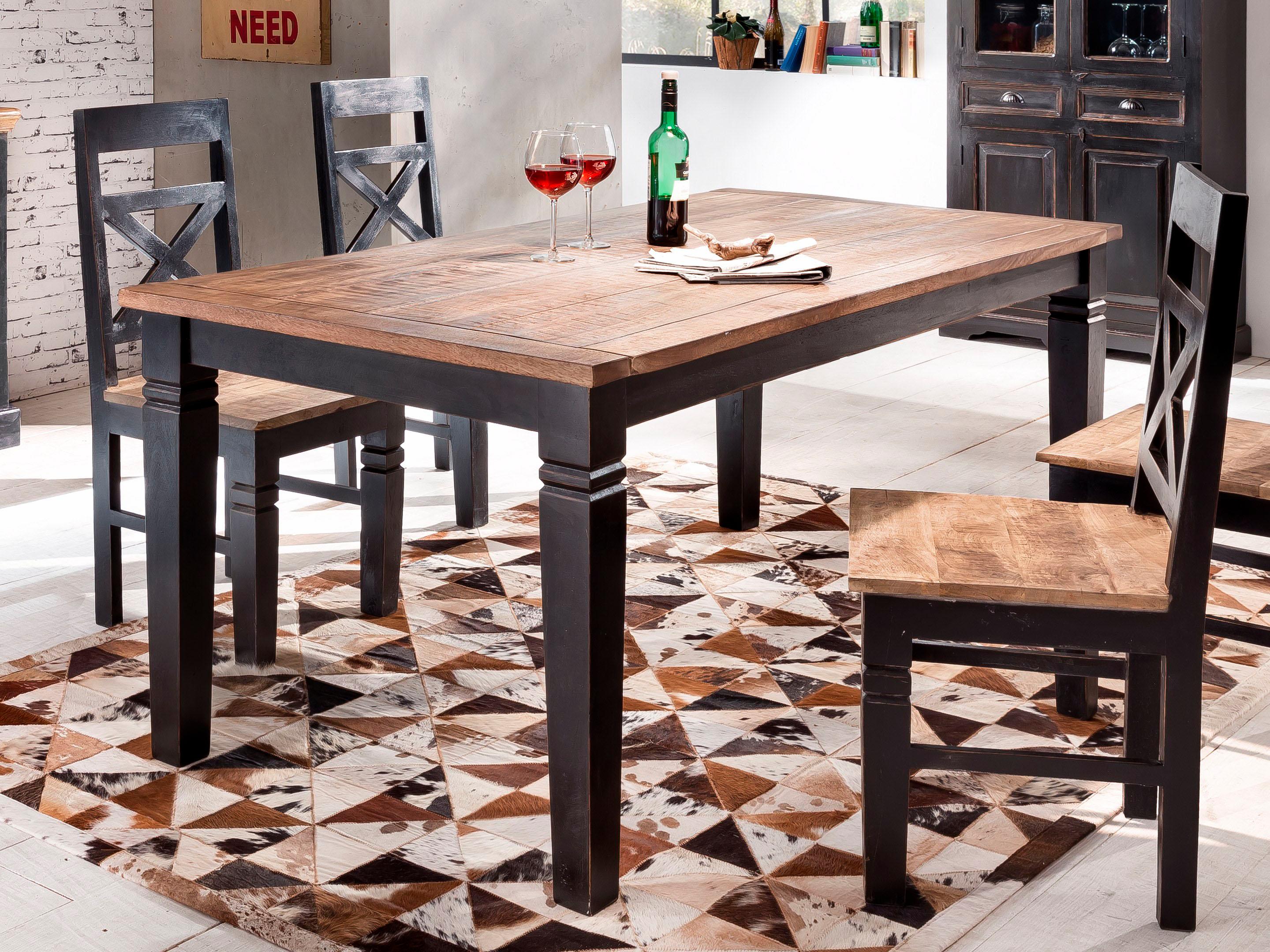 Esstisch SIT "Sighișoara aus Mangoholz im Vintage-Design", schwarz (schwarz, honig), B:140cm H:76cm T:90cm, Tische, Esstisch, Schwarz-honigfarbener Kontrast im charmanten Antik-Look schwarz, honig B/H/T: 140cm x 76cm x 90cm