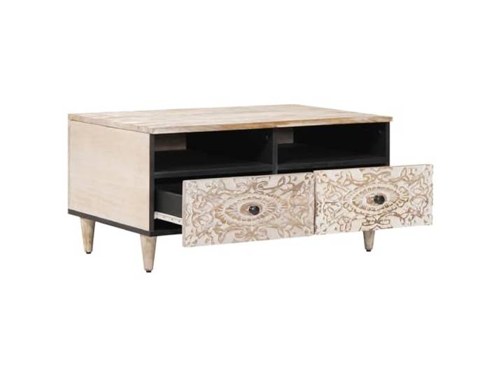IBUQDDV Couchtisch Weiß 80 x 54 x 40 cm Massivholz Mango Rechteckige Form, schwarze Metallbeine, Massivholz Mango, Farbvariationen, feuchtes Tuch