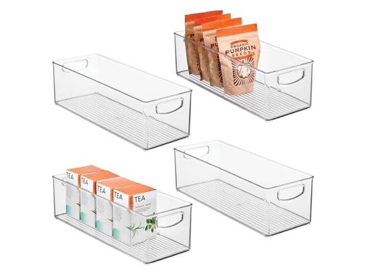 InterDesign iDesign stapelbarer Vorratsbehälter aus Kunststoff, Aufbewahrungsbehälter mit Griffen für Schränke oder Kühlschrank, transparent, 4 Stück