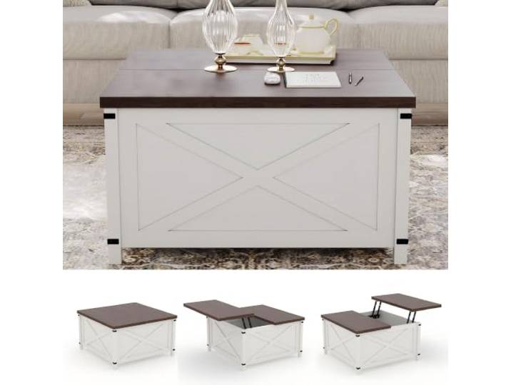 IDEALHOUSE Hydraulischer Lift-Top Couchtisch 31,5 quadratisch höhenverstellbar – versteckter Stauraum – stabiles Holz-Metall-Gestell im Modern Farmhouse Industrial Stil, Farbe: Braun