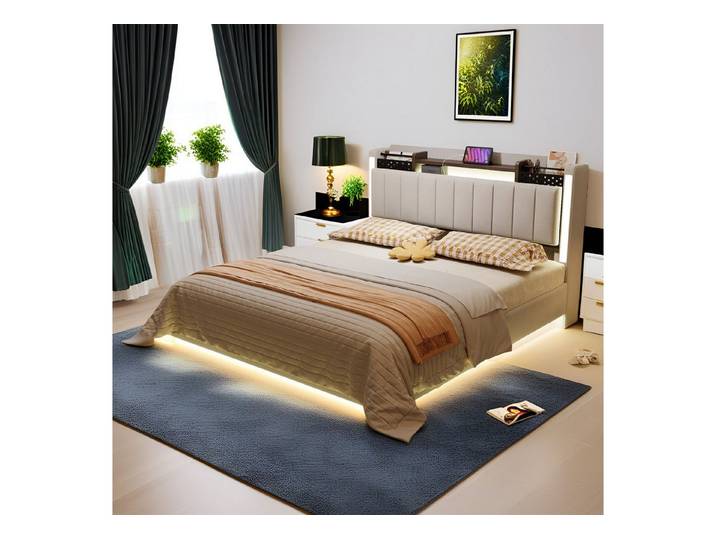 MODFU Polsterbett mit Stauraum-Kopfteil und LED-Beleuchtung (Funktionsbett mit USB-Anschlüsse integriert, Leinenstoff, 160x200 cm), Montage erforderlich