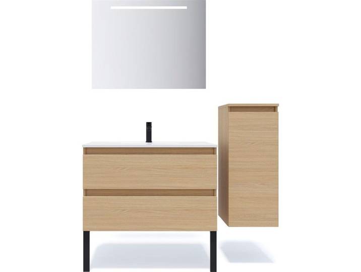 Ensemble salle de bain vasque intégrée 90cm 2 tiroirs Chêne + miroir + colonne droite - Hudson