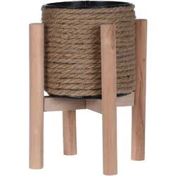 PROGARDEN Blumentopf mit Ständer 14,5x23cm Metall Jute Holz 1 Stück Pflanzentopf zum Bepflanzen Pflanzgefäß außen & innen Blumenübertopf Deko Garten Braun