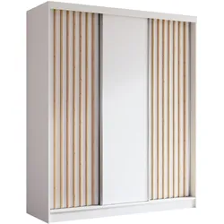 KLEIDERSCHRANK mit furnierten Schiebetüren und Aluminium-Leisten - LABELO - 180 cm Weiß+Weiß+Artisan