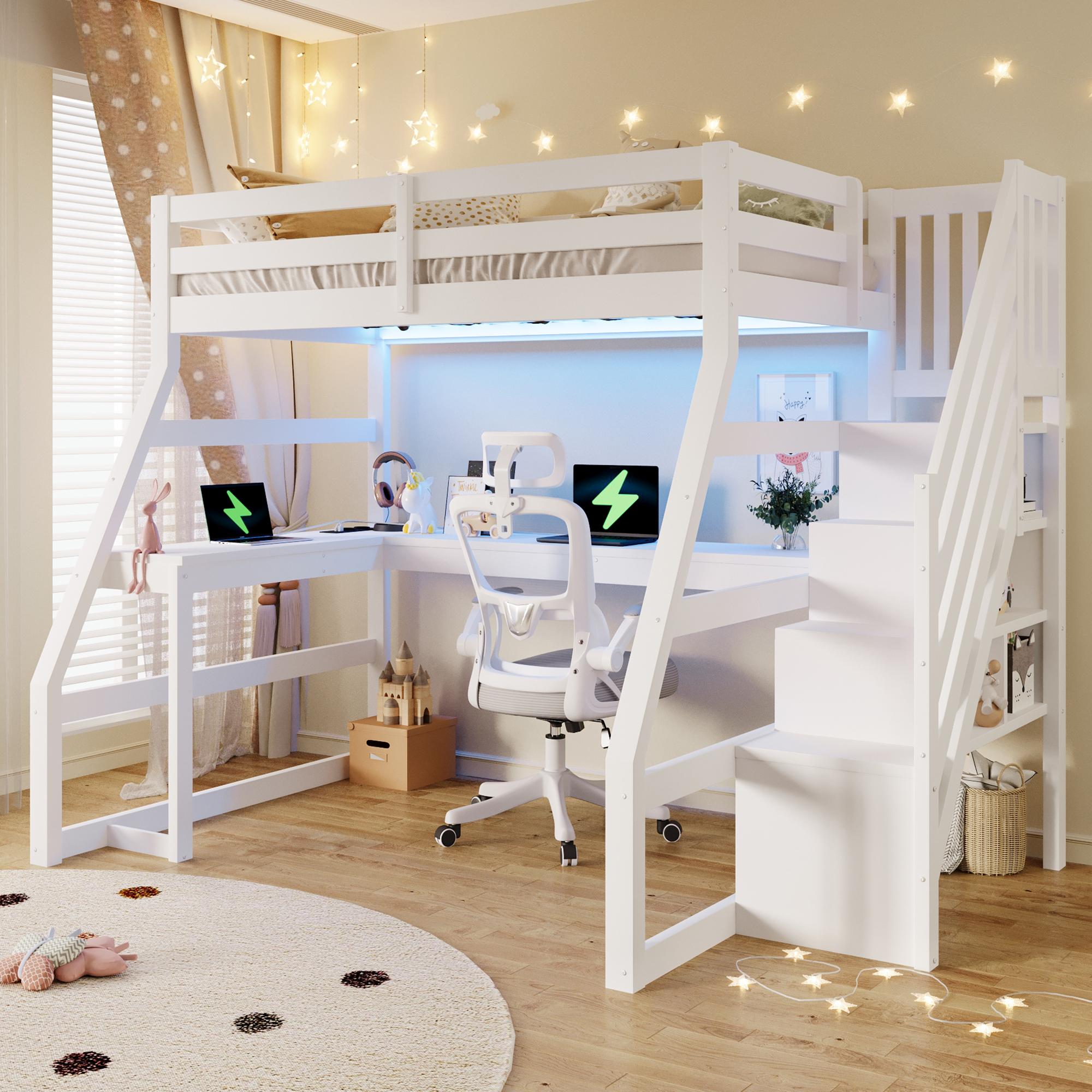 Flieks Etagenbett 90x200cm mit L-förmigem Schreibtisch, Kinderbett mit Ladefunktion und Led, Hochbett Einzelbett mit Treppe und Staufächern, Weiß