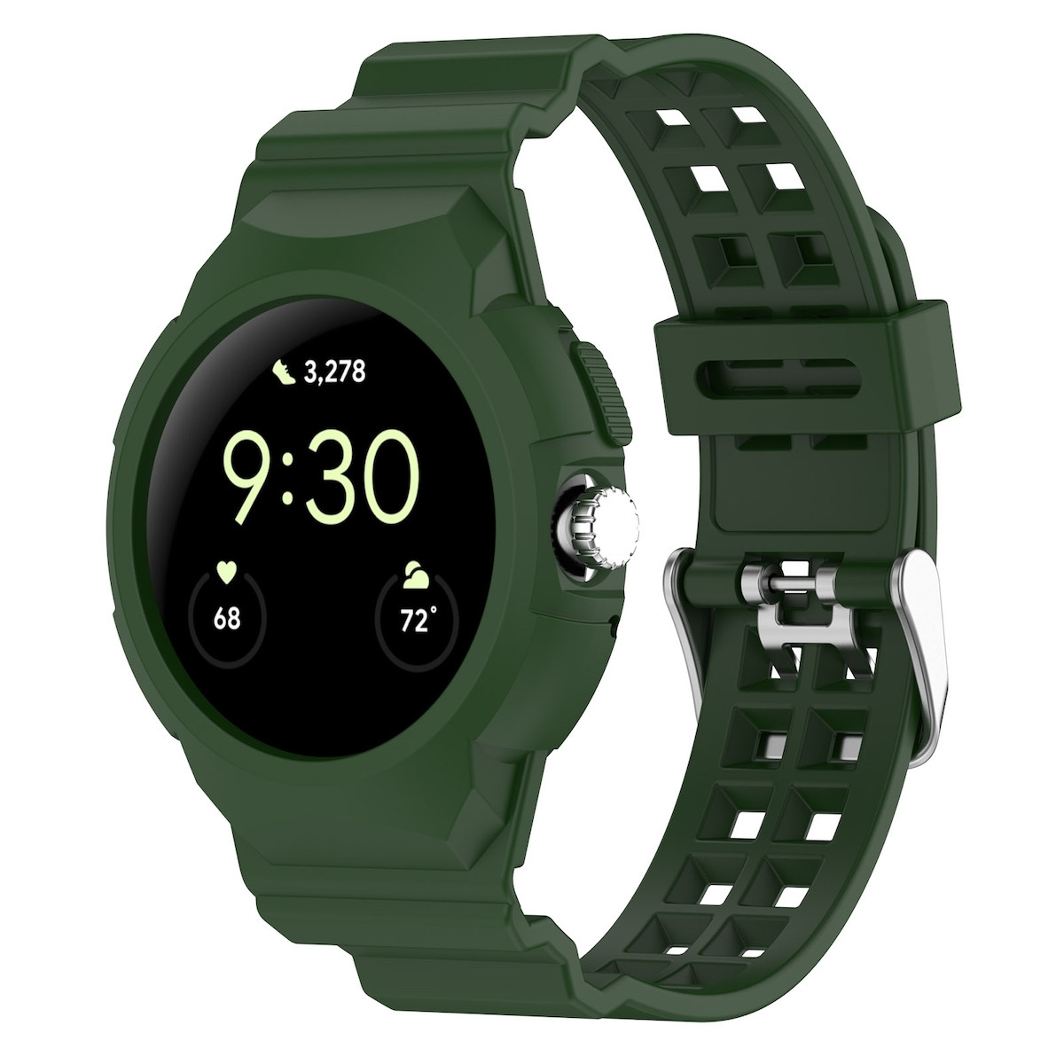 Wigento Siliconen horlogeband voor Google Pixel Watch 1 en 2 met geïntegreerde behuizing, Legergroen