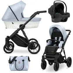 Kunert, Kinderwagen, IVENTO 3in1 Öko-Leder Kinderwagen in Blau mit schwarzem Rahmen