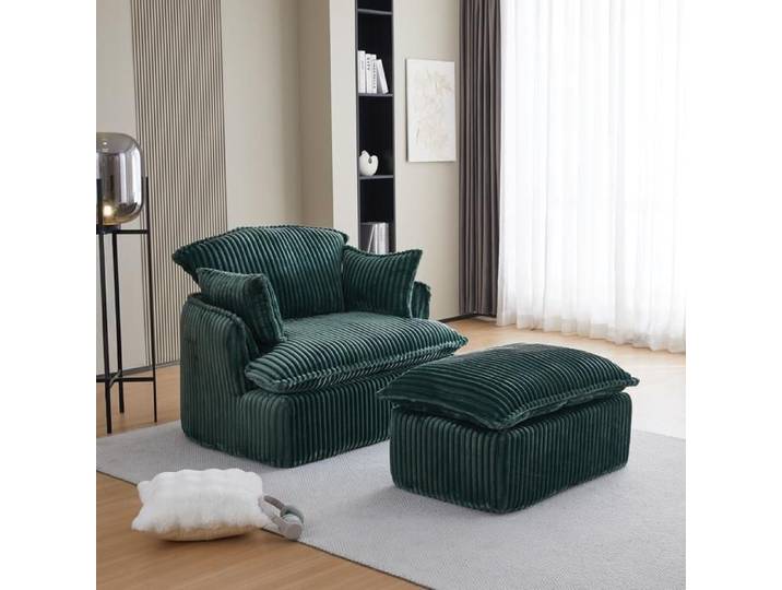 Fauteuil canapé compressé velours côtelé 115 x 89 x 77cm pouf inclus mousse haute densité vert