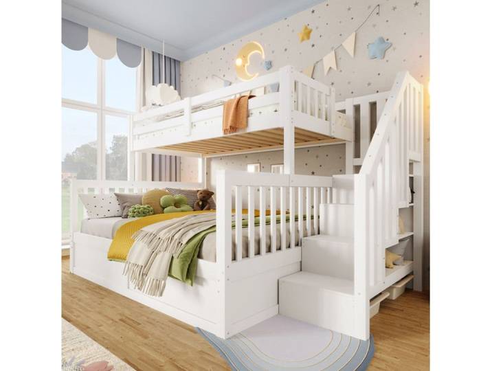 Lit superposé enfant 90 × 200 cm + 140 × 200 cm avec rangement blanc