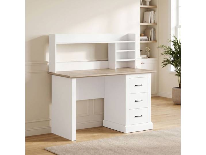 Bureau Informatique avec 3 Tiroirs 120x55cm Bureau avec Rangement Étagères Ouvertes et Large Plateau Chêne et Blanc