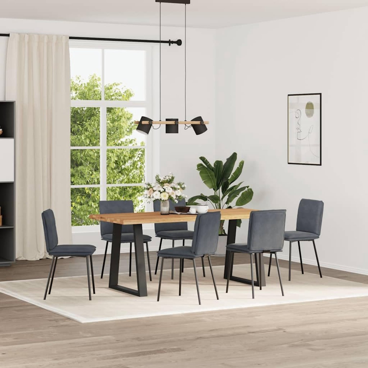 Set van 6 donkergrijze fluwelen eetkamerstoelen