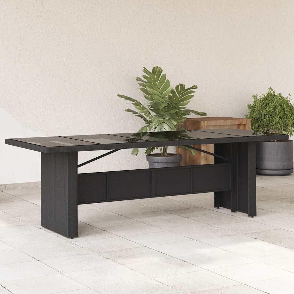 Gartentisch mit schwarzer Glasplatte, 240x90x75 cm, aus Poly-Rattan mit wetterfestem, pulverbeschichtetem Stahlrahmen für Terrasse, Balkon und Garten