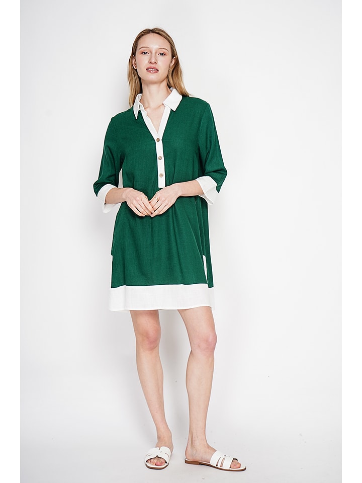 Le Jardin du Lin Leinen-Kleid in Grün/ Weiß - 42