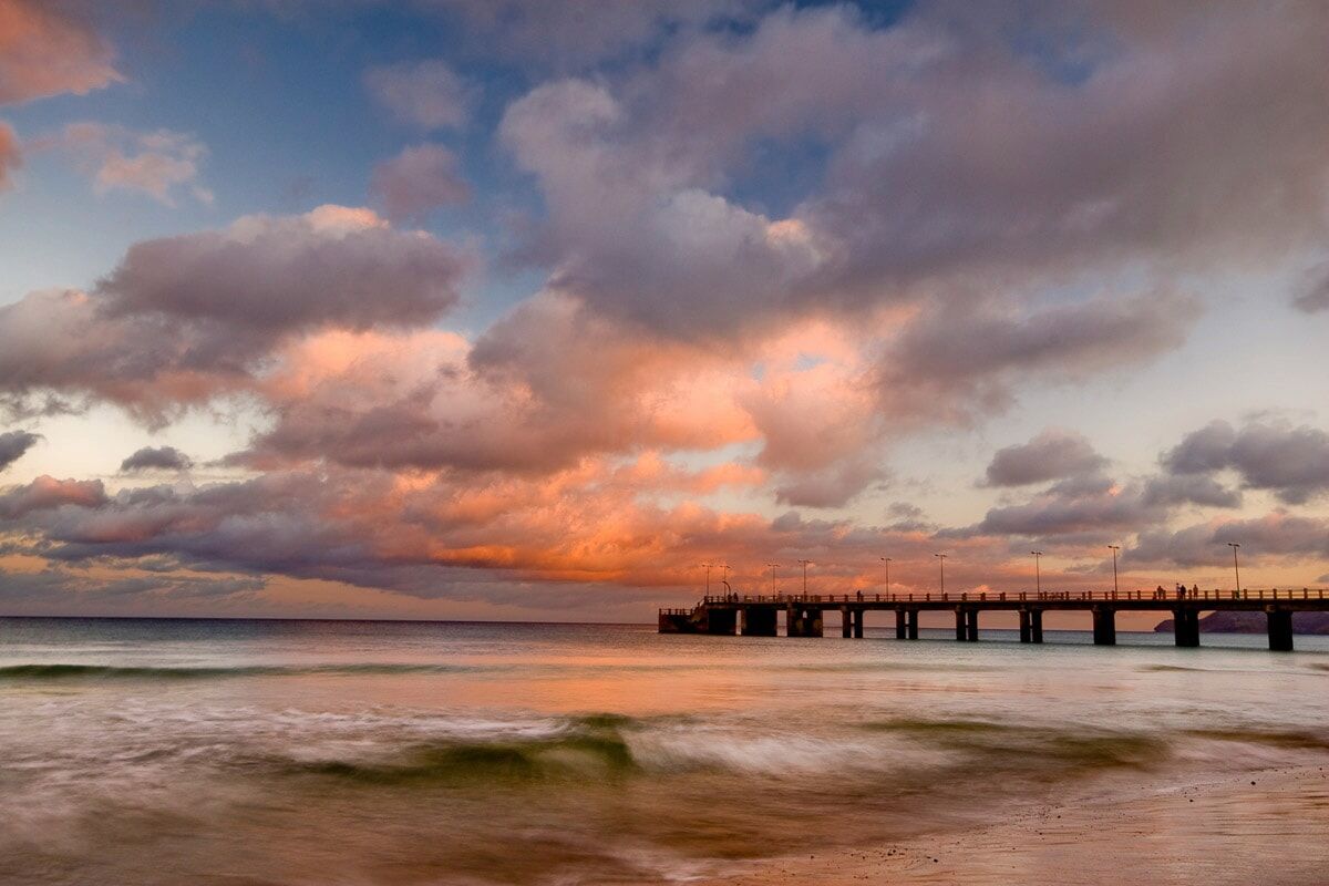 Fototapete PAPERMOON "Porto Santo Pier Sonnenuntergang", bunt, B:3m L:2,23m, Vlies, Tapeten, Fototapete