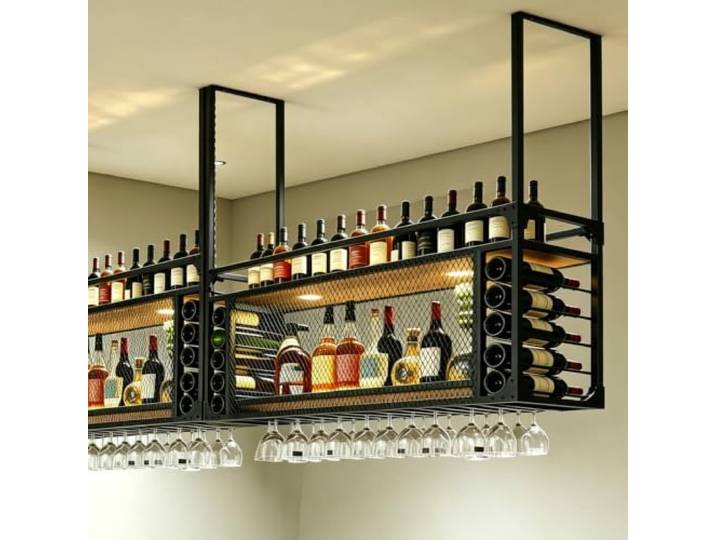 Gpbmn 100cm 2-Lagiger hängender Metall Weinregal mit LED Industrieller Weinregal Wand, Bar Liquor Aufbewahrungsregal, für Bar, Café, Küche