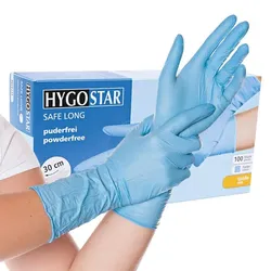 Nitrilhandschuhe 30 cm lang, Hygostar Safe Long blau S virendicht, puderfrei, unsteril, latexfrei, 100 Stück/Box