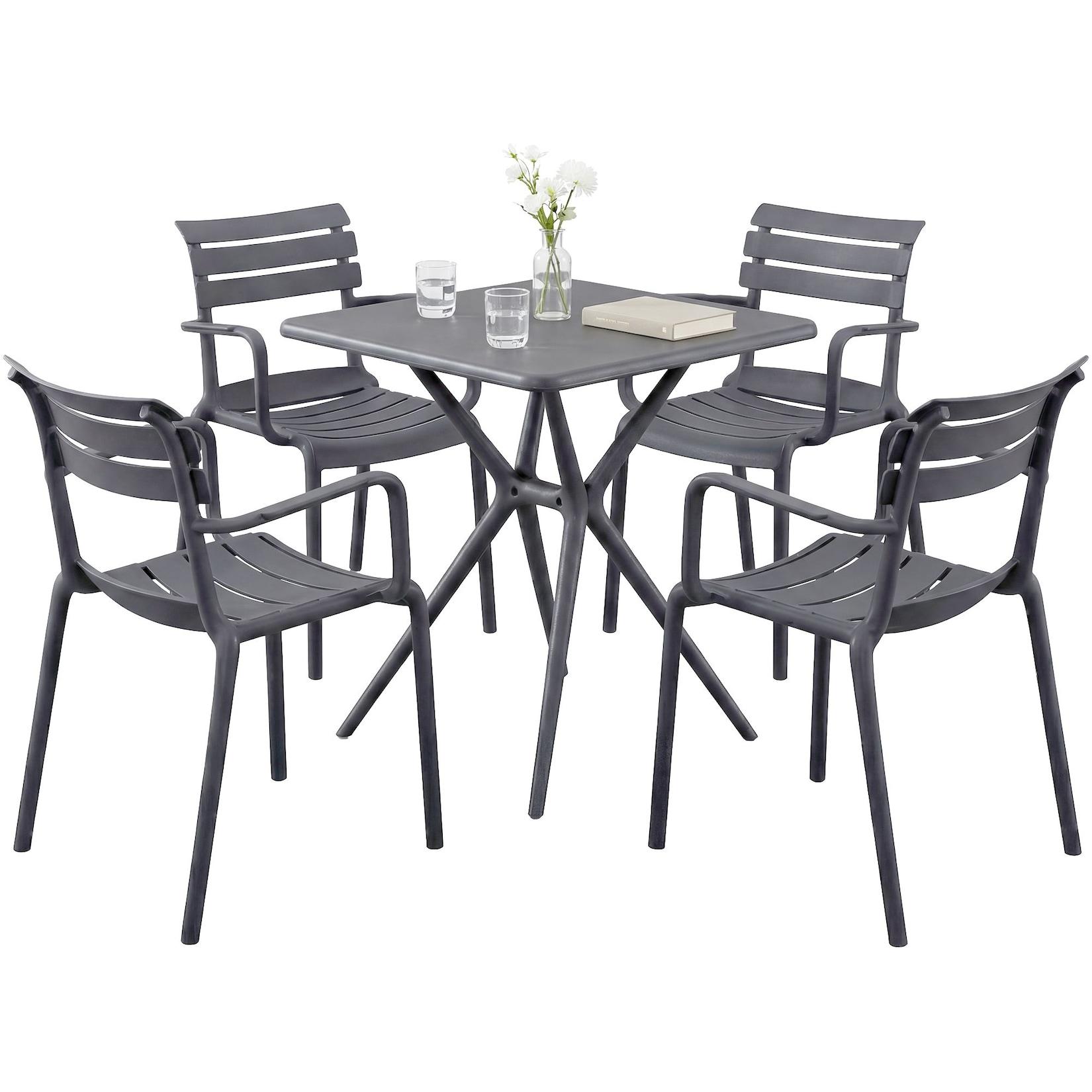CLP Gartenmöbel-Set wetterfest Avena, mit 4 Stapelstühlen und quadratischem Esstisch 72x72cm, Sitzgruppe für Balkon, Terrasse und Garten