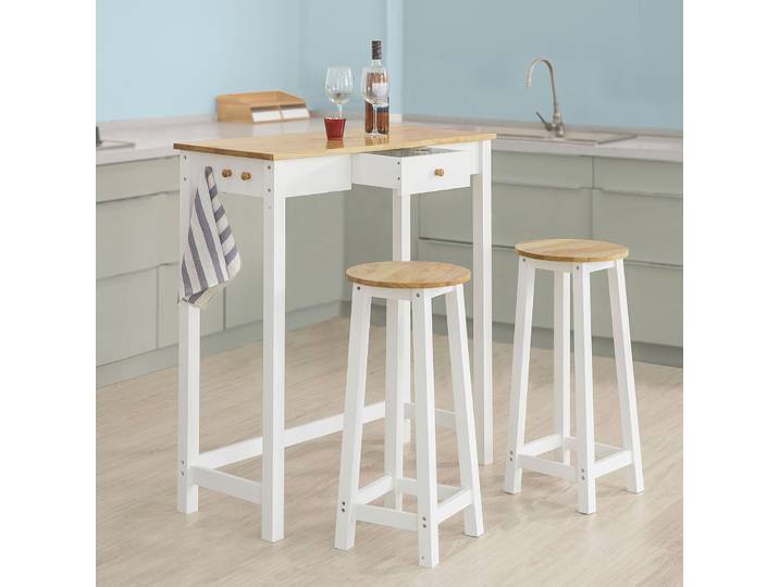 SoBuy ® FWT50-WN Ensemble de table de bar 3 pièces table sur pied avec 3 crochets et un tiroir table de bistro table de bar de cuisine avec 2 tabourets